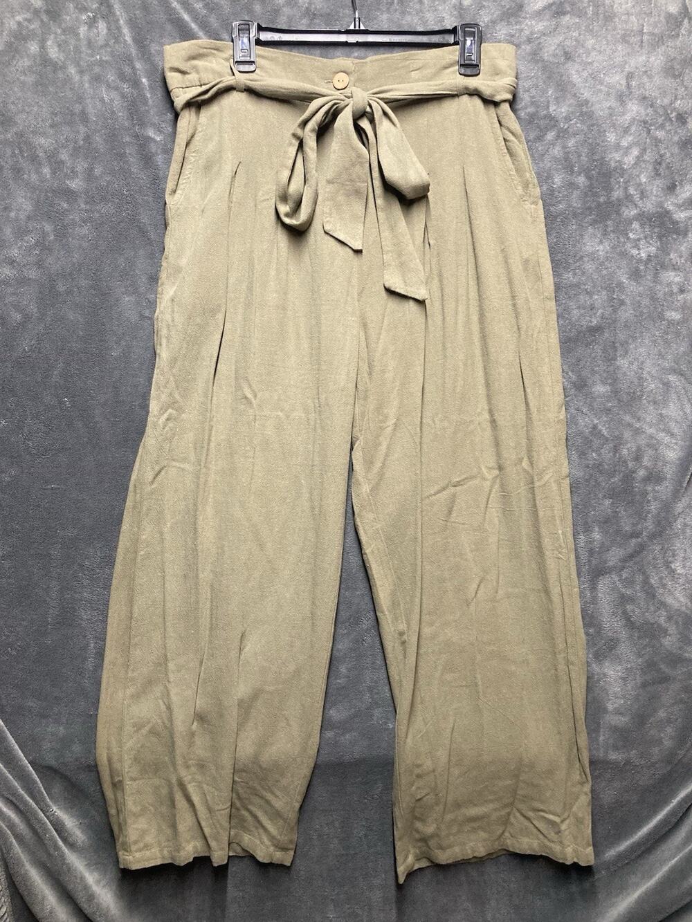 Palazzo Paperbag High-Waisted Wide-Leg Pants Woman’s Sz L Olive Tie-Waist Beachy